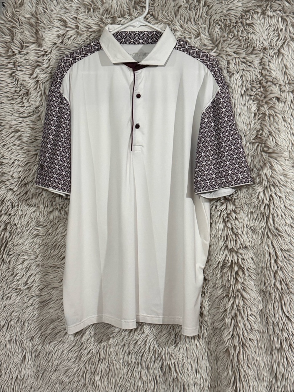 Men's White Polo with Burgundy Patterned Sleeves
